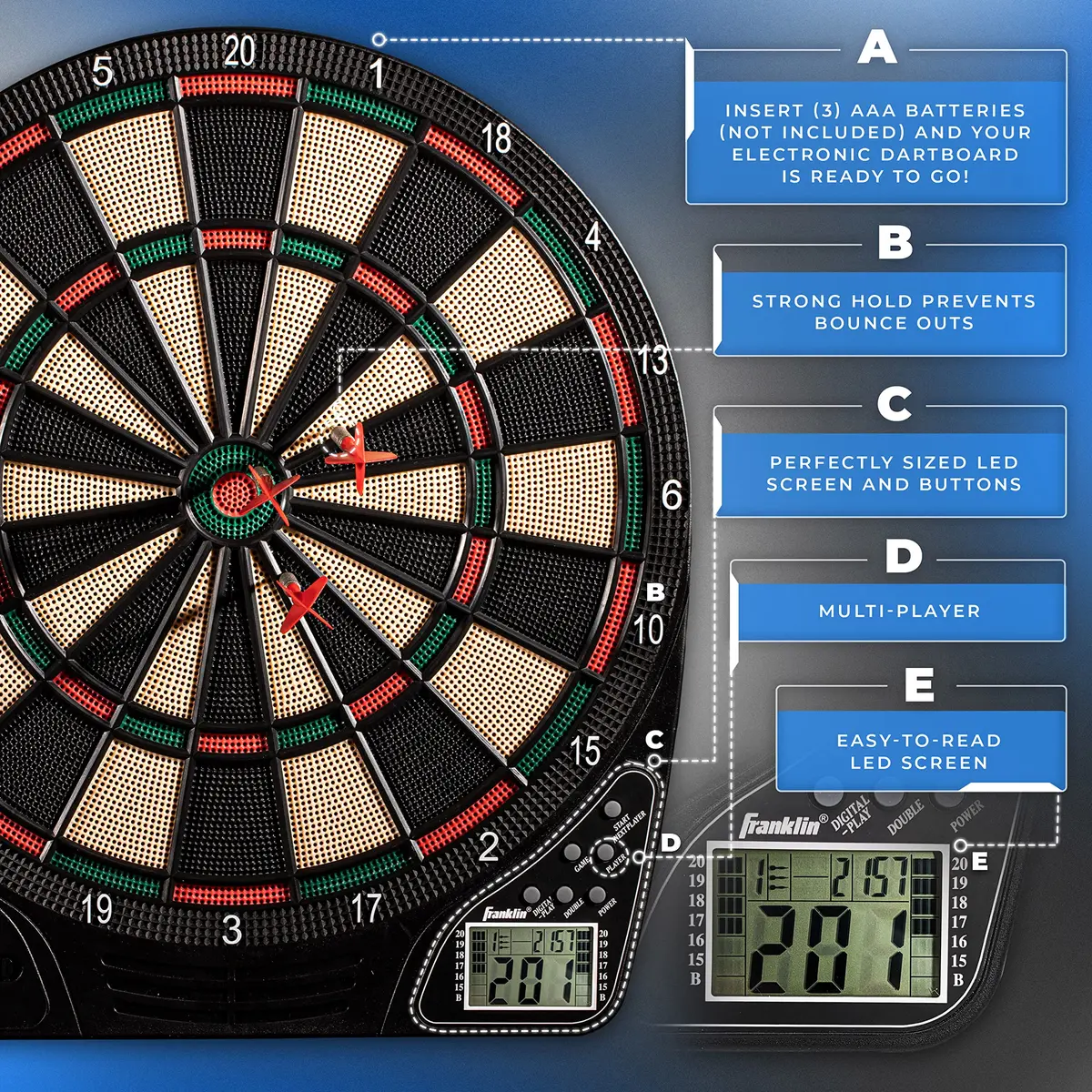 Franklin Sports FS1500 Electronic Dartboard 15" | 65 Game Variations for All Ages - view 7