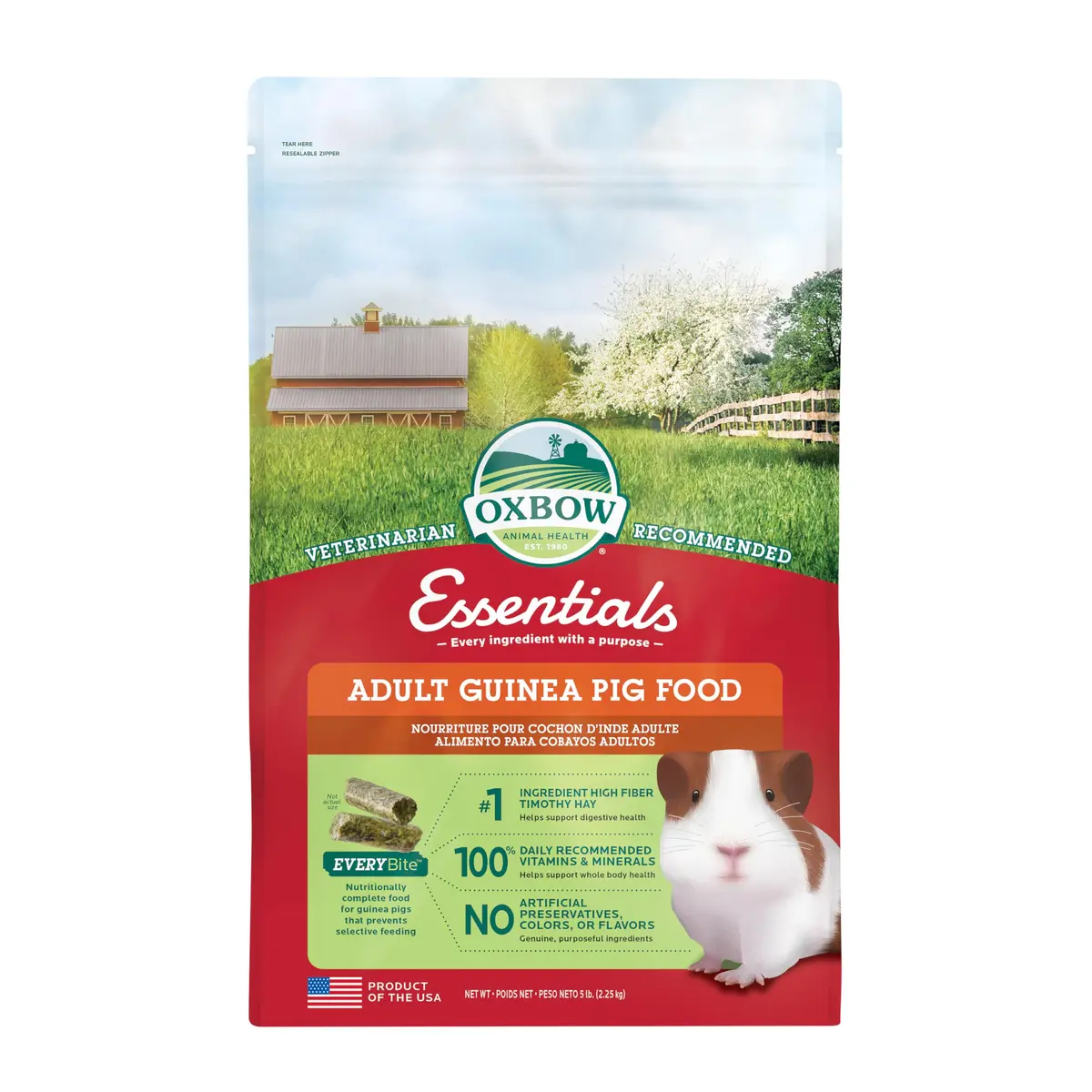Oxbow Essentials Adult Guinea Pig Food, Timothy Hay Pellets, USA, 5 lb | Complete, High-Fiber Nutrition for Guinea Pigs - main product image