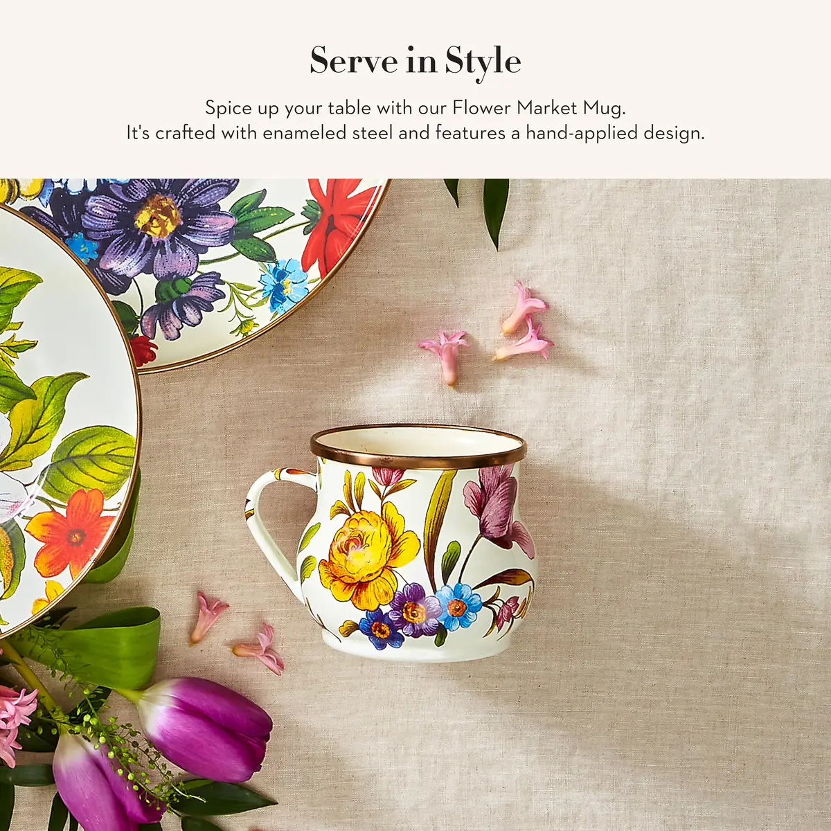 MACKENZIE-CHILDS Enamel Mug 16 Ounces | Floral White Flower Market, Hand-Glazed Steel - view 2