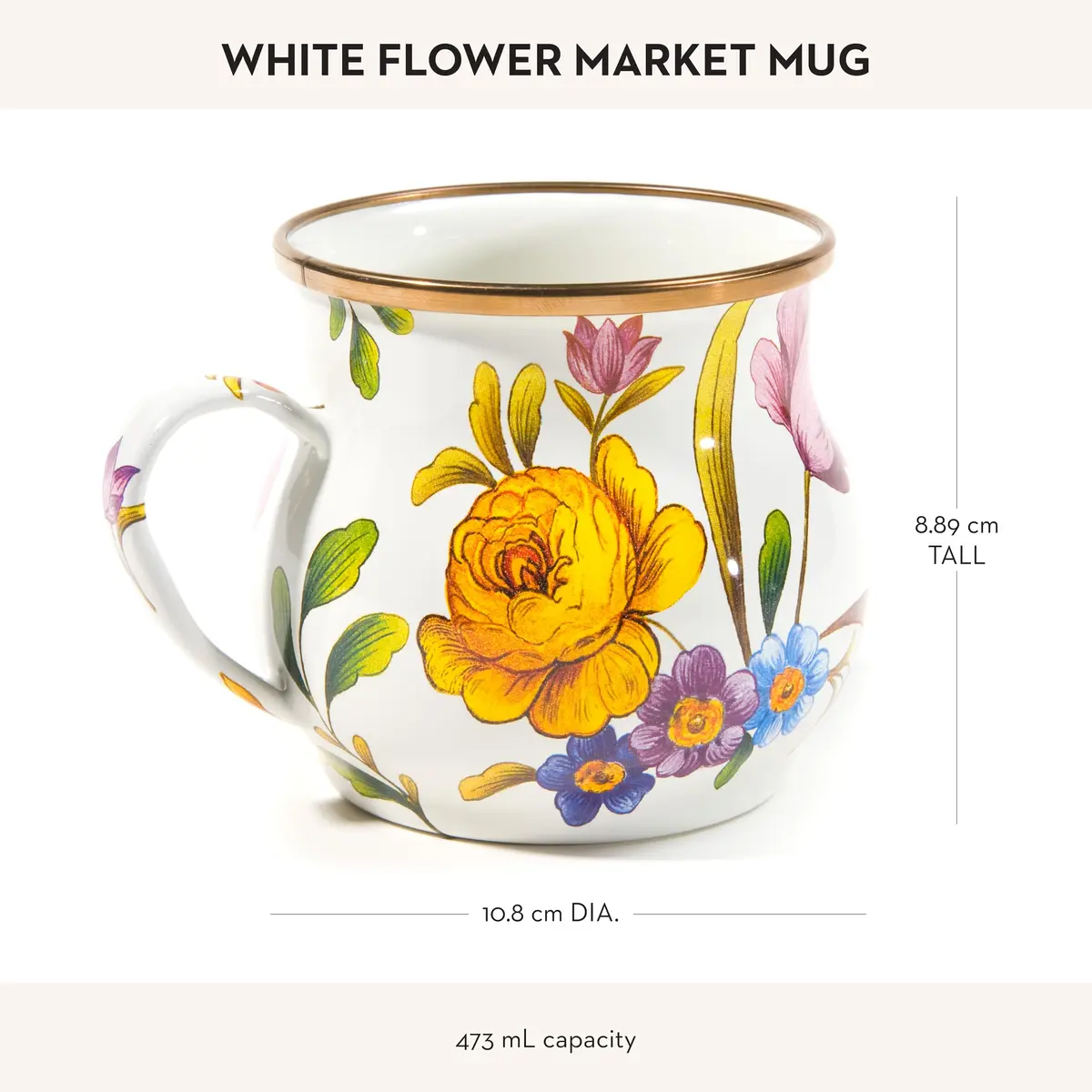 MACKENZIE-CHILDS Enamel Mug 16 Ounces | Floral White Flower Market, Hand-Glazed Steel - view 4