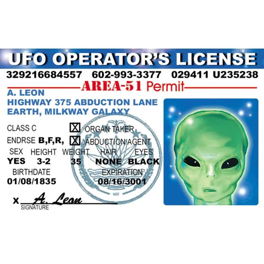 Signs 4 Fun Parody Driver's License - Alien UFO ID | Humorous Gag Gift, Collectible Fun - main product image