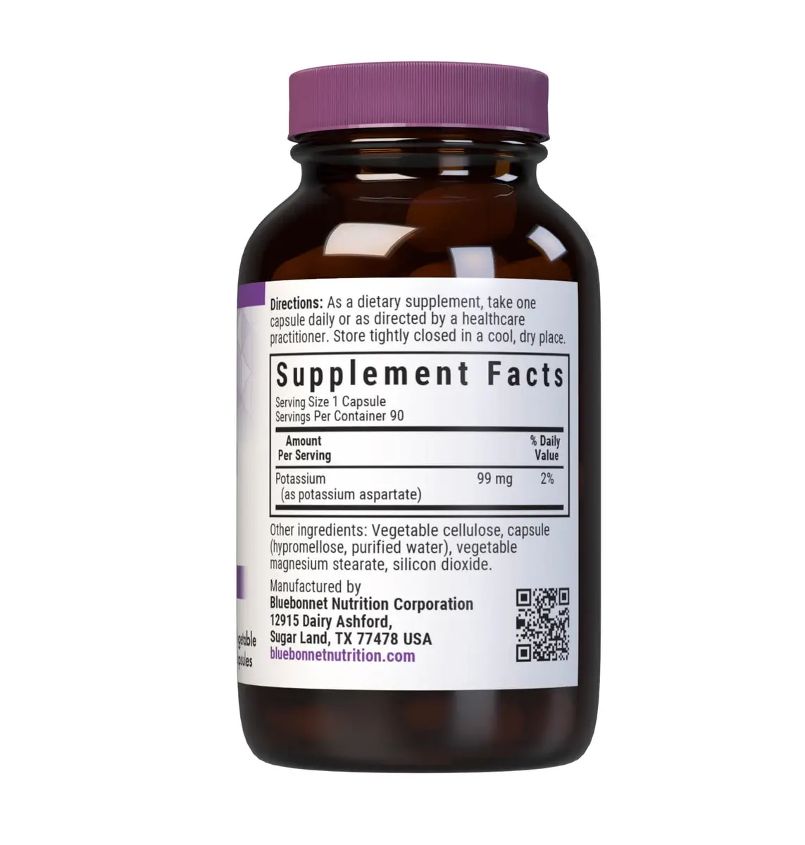 BlueBonnet Potassium Supplement Aspartate 99mg | Essential Mineral for Electrolyte Balance, Vegan & Non-GMO (90 Veggie Capsules) - view 2
