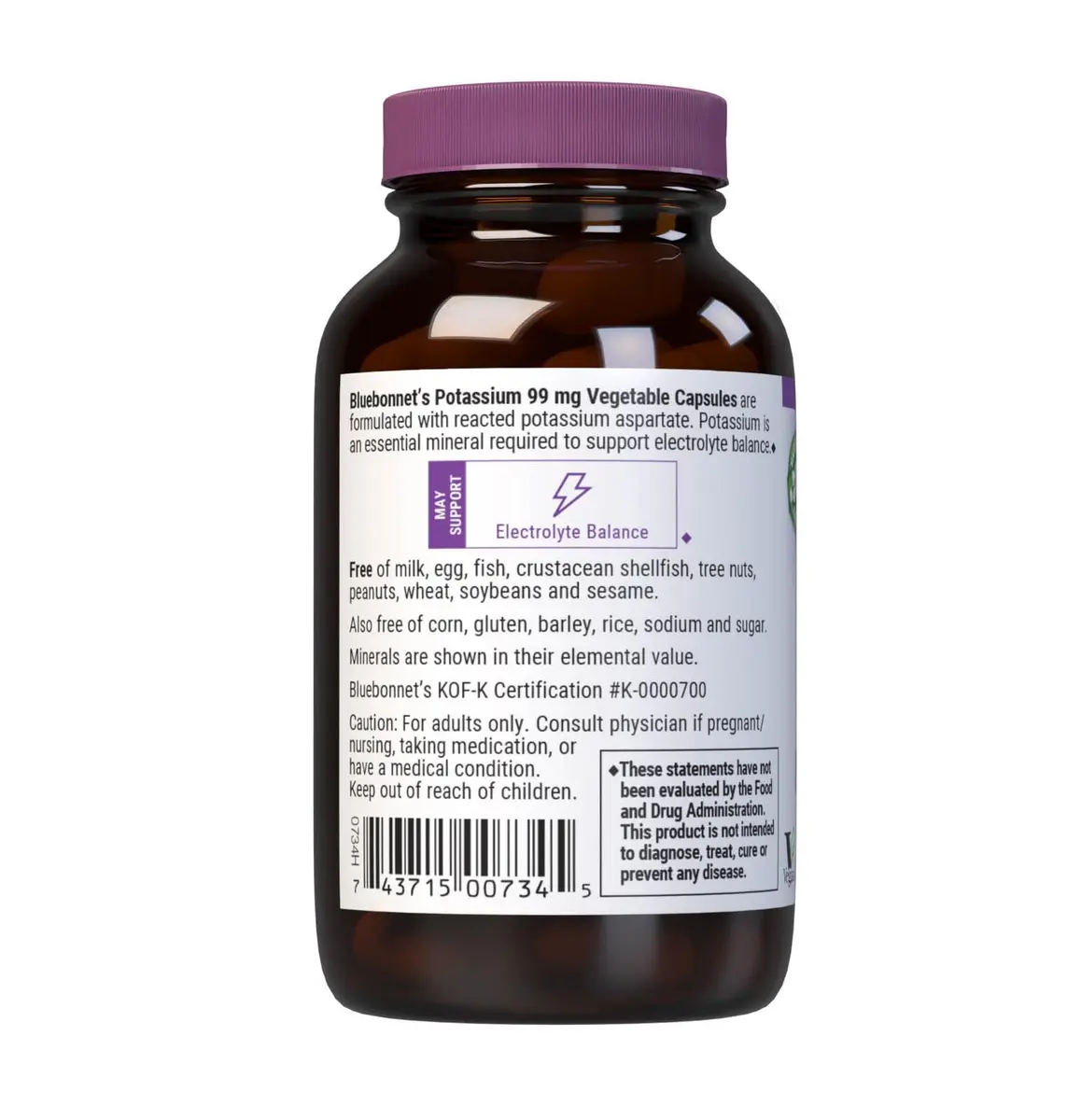 BlueBonnet Potassium Supplement Aspartate 99mg | Essential Mineral for Electrolyte Balance, Vegan & Non-GMO (90 Veggie Capsules) - view 3