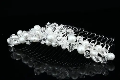 SAMKY Handmade Faux Pearl Crystal Bead Cluster Bridal Wedding Tiara Comb - Silver Plated FC039 | Elegant Bridal Hair Accessory - view 5