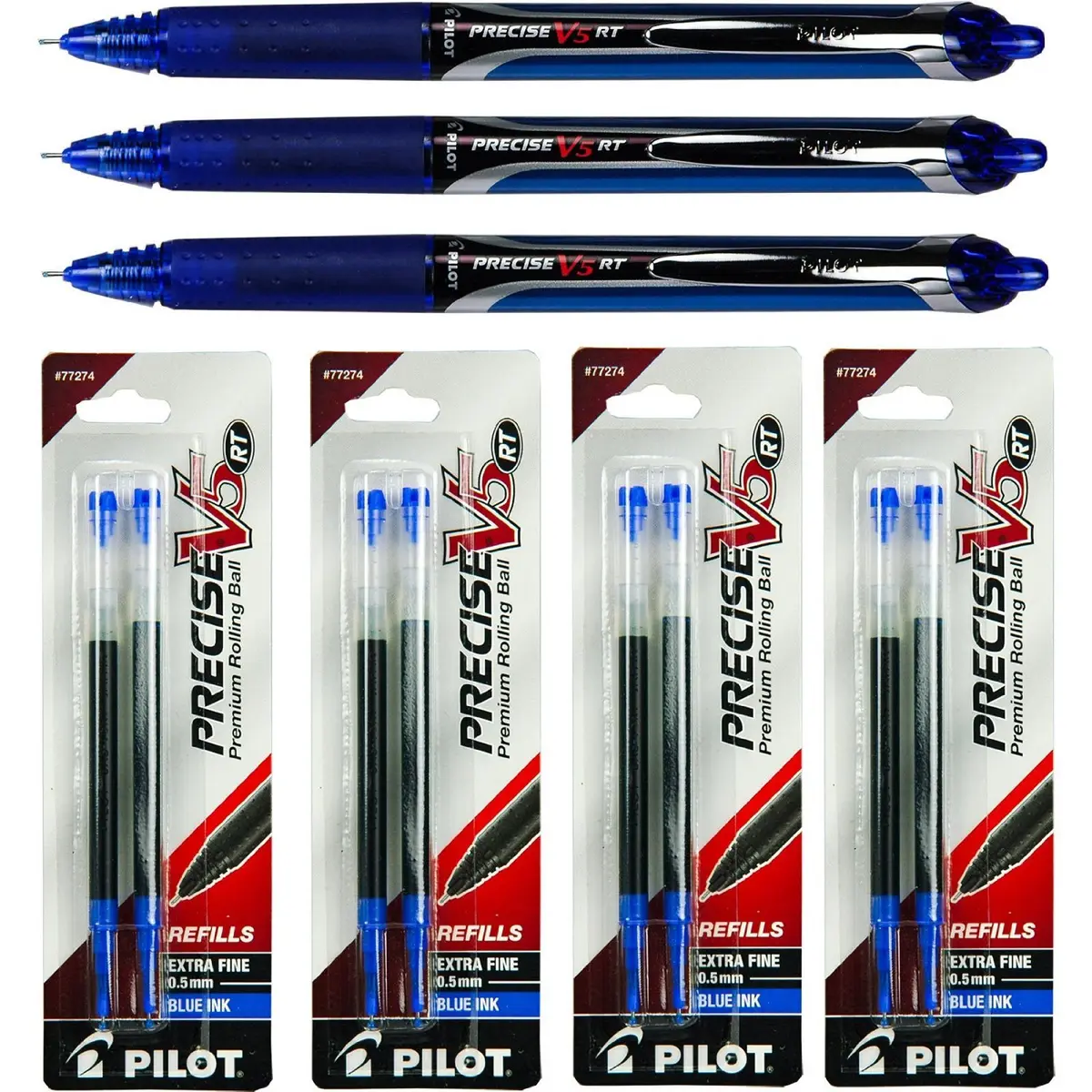 Pilot Precise V5 RT Rolling Ball Pens with Refills, Blue Ink, 0.5mm Extra Fine Point | Smooth Ink Flow - main product image