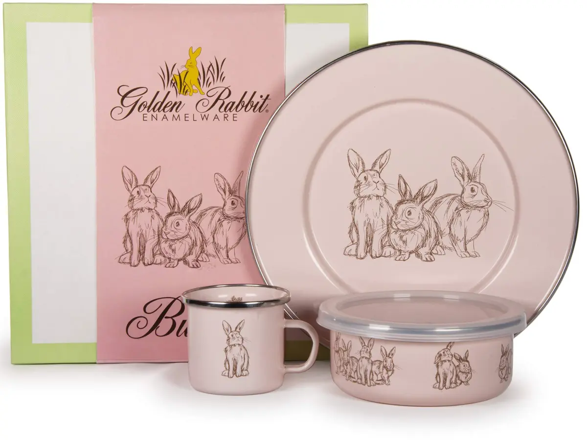 Golden Rabbit Enamelware Child Dinnerware Set: Plate, Mug and Bowl with Lid, Pink Bunnies | Durable Porcelain Enamel Finish for Kids - main product image