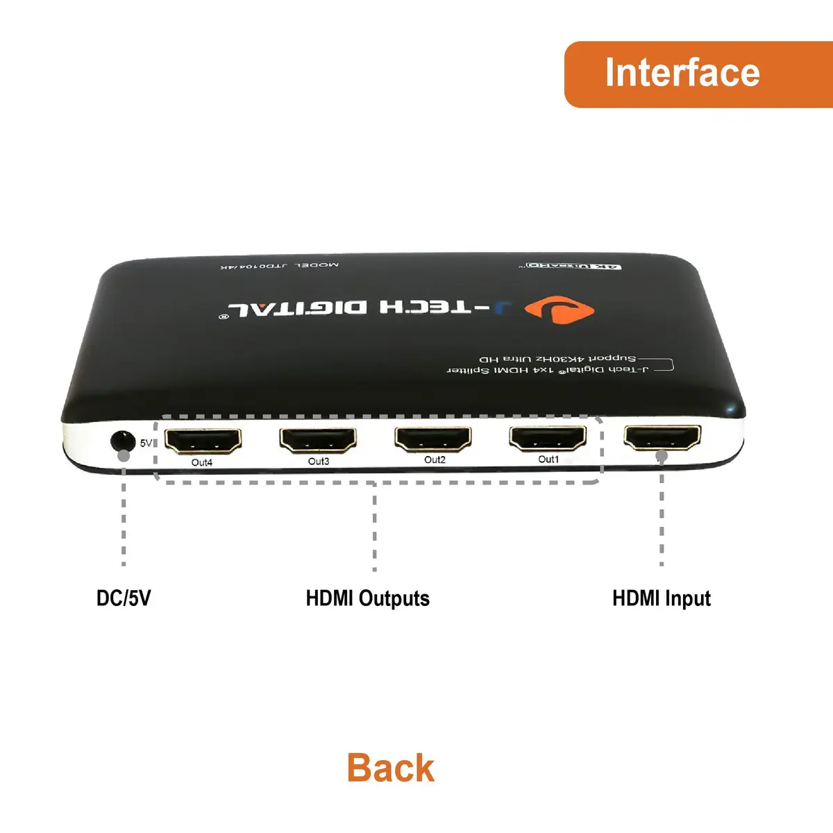 J-Tech Digital JTD0104/4K 4-Port HDMI 1x4 Powered Splitter 3840x2160 (15.2 cm L x 5.3 cm W x 18.3 cm H) - view 4