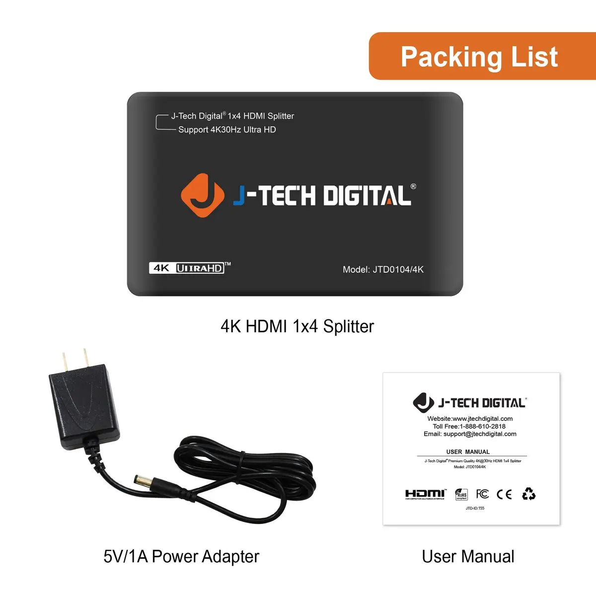 J-Tech Digital JTD0104/4K 4-Port HDMI 1x4 Powered Splitter 3840x2160 (15.2 cm L x 5.3 cm W x 18.3 cm H) - view 6