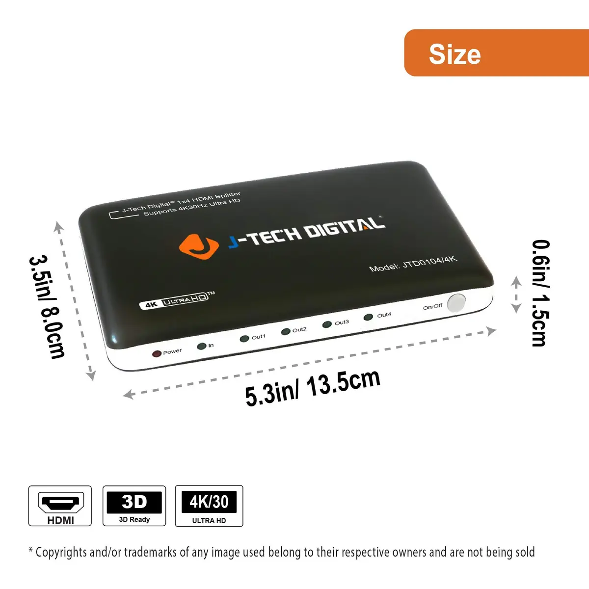 J-Tech Digital JTD0104/4K 4-Port HDMI 1x4 Powered Splitter 3840x2160 (15.2 cm L x 5.3 cm W x 18.3 cm H) - view 2