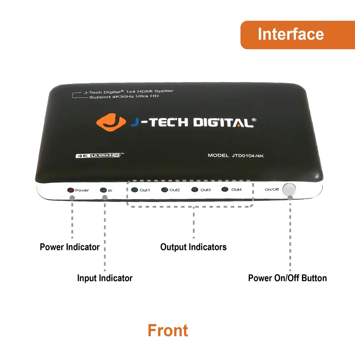 J-Tech Digital JTD0104/4K 4-Port HDMI 1x4 Powered Splitter 3840x2160 (15.2 cm L x 5.3 cm W x 18.3 cm H) - view 3