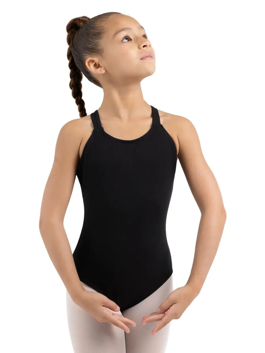 Capezio Big Girls' Classics Double Strap Camisole Leotard, Black, Medium | Full Front Lining & Spotlight Criss Cross Back Straps - main product image