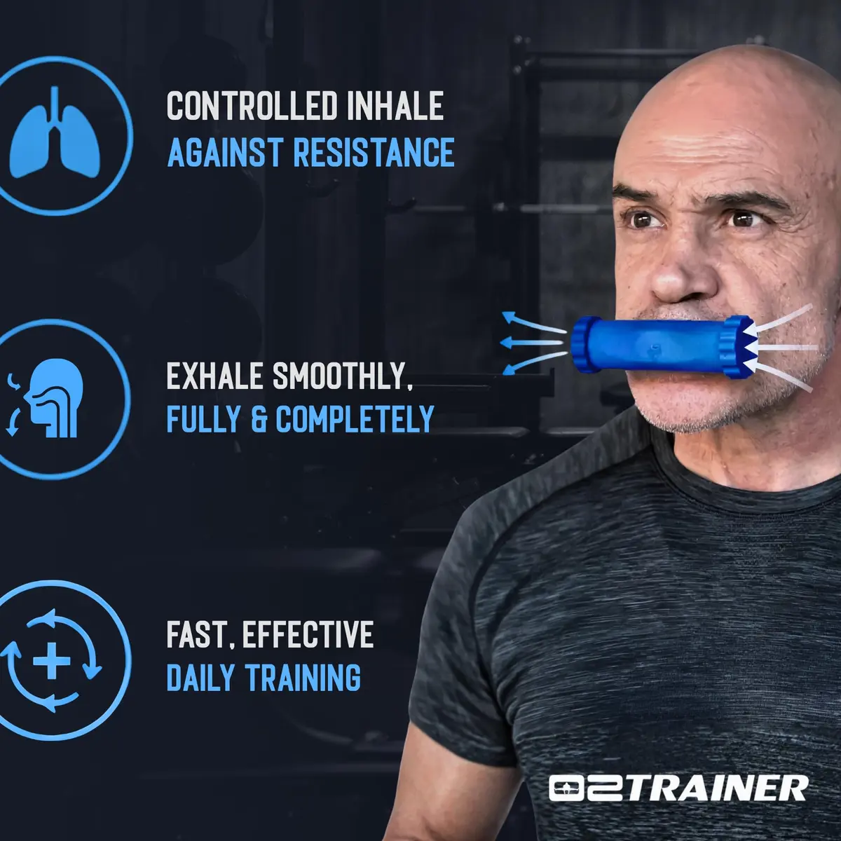 O2Trainer Breathing Muscle Trainer | Endurance & Lung Power for Athletes, Singers & High-Altitude | 16 Resistance Caps | Blue - view 3