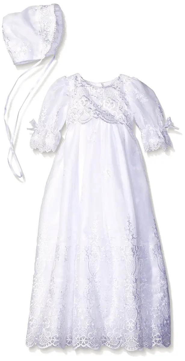 Swea Pea & Lilli Long White Embroidered Organza Baby Girl Dress Gown with Matching Hat - M (6-12 Months, 13-17 lbs) | Special Occasion - main product image
