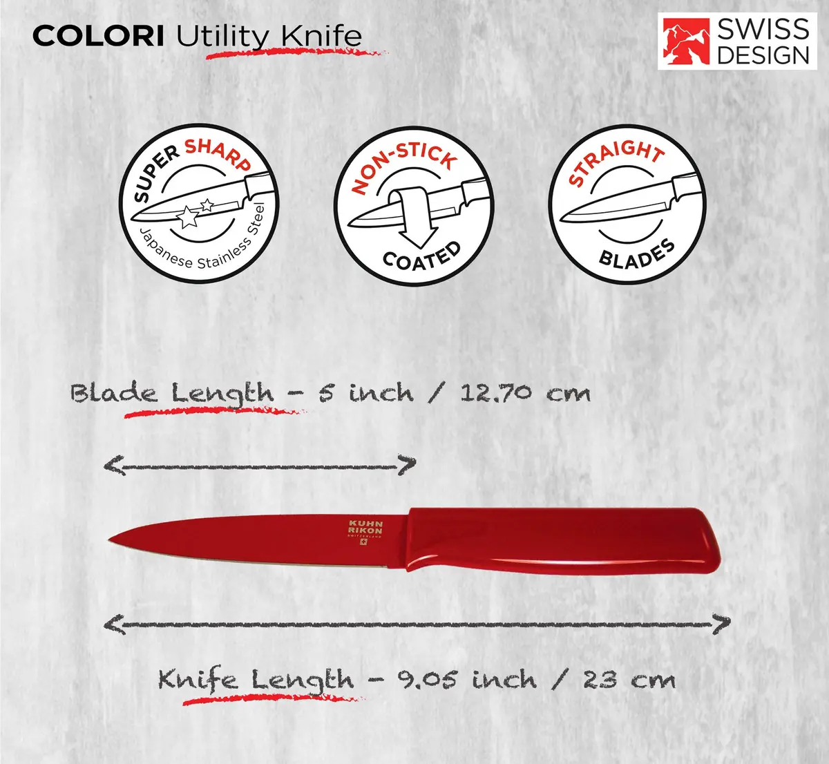 Kuhn Rikon COLORI Utility Knife with Safety Sheath, 12.70 cm (5 inch) Blade, Red | Japanese Steel Forged Blade - view 2