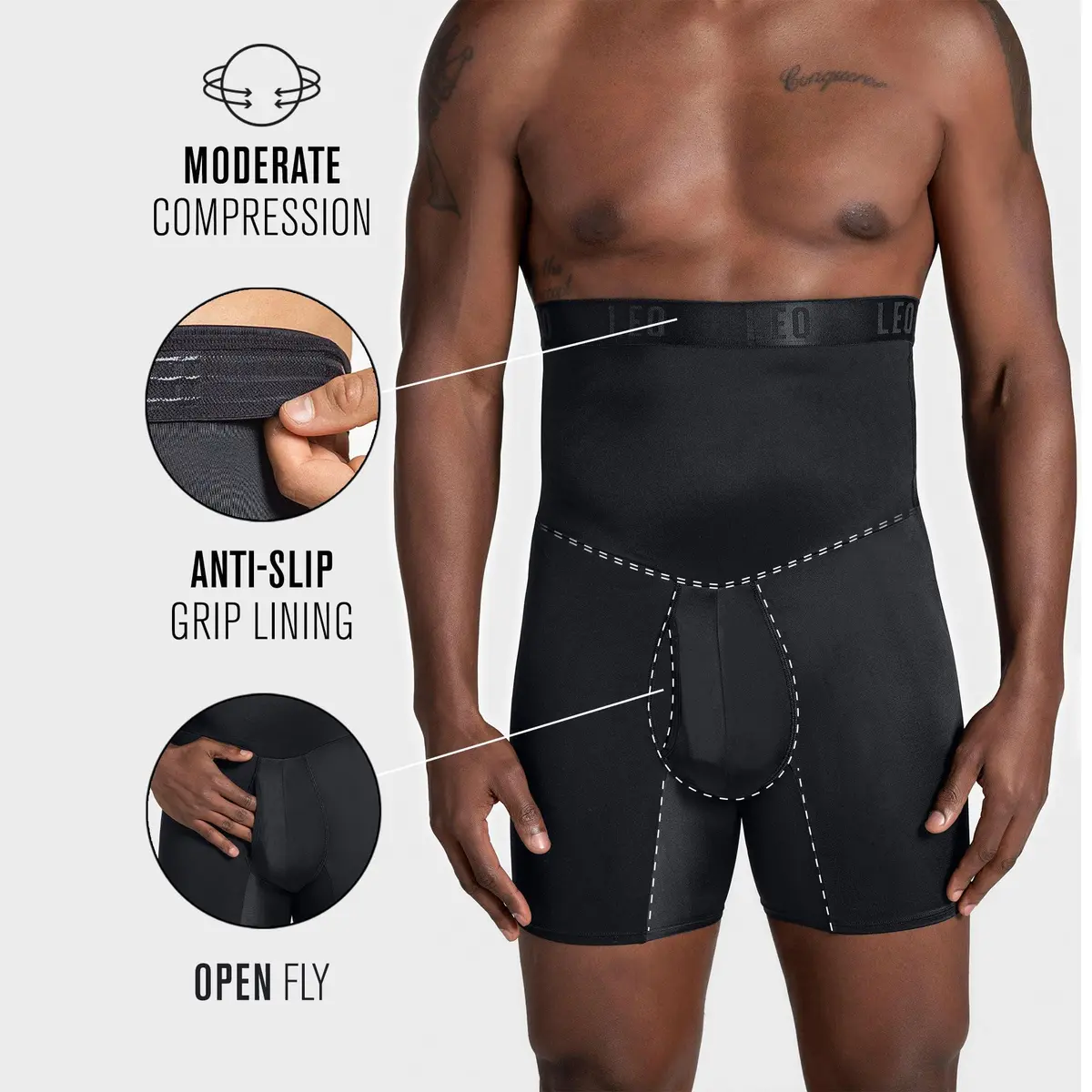 Leo Waist Slimmer Mens Underwear Girdle Compression - Tummy Control Shapewear Boxers Shorts For Men Black | Moderate Compression & Back Support - view 2