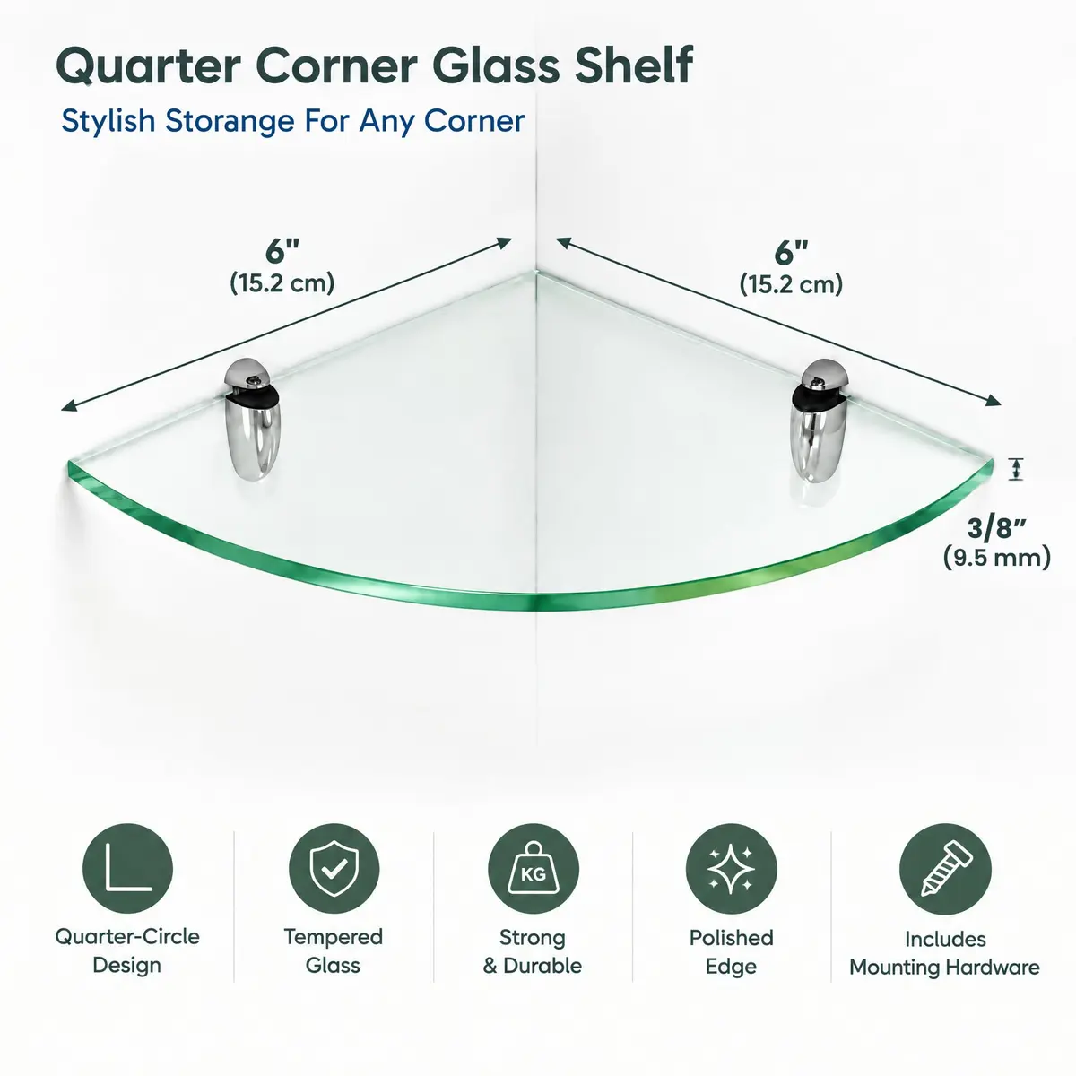 Fab Glass and Mirror Corner Glass Shelf, 6" x 6" | Tempered Clear Glass, Wall Mount - view 2