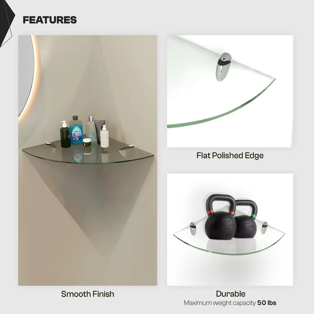 Fab Glass and Mirror Corner Glass Shelf, 6" x 6" | Tempered Clear Glass, Wall Mount - view 3