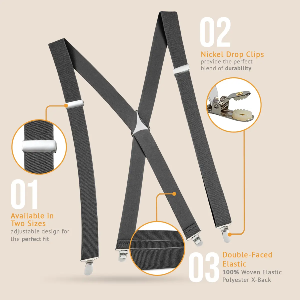 Hold'Em Men’s X-Back Adjustable Suspenders Grey | Premium Quality, Classic Style, 46" Long - view 7