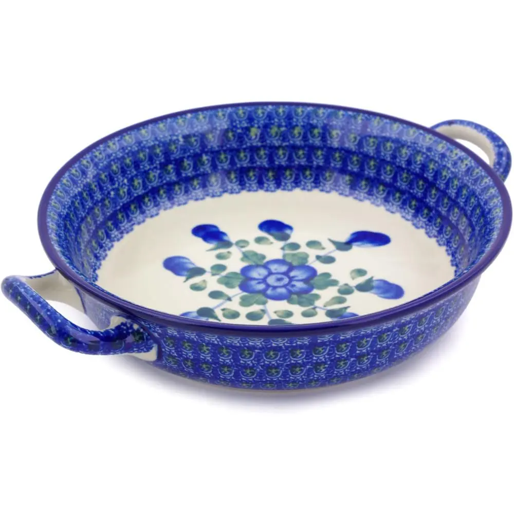 Polmedia Polish Pottery Round Baker with Handles 8.2" x 10" | Blue Poppies Pattern Handmade in Poland - main product image