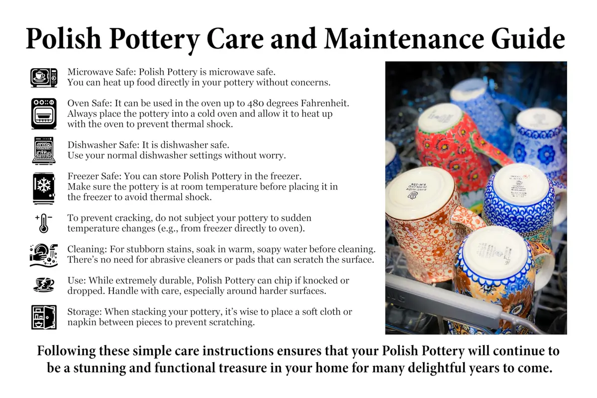 Polmedia Polish Pottery Round Baker with Handles 8.2" x 10" | Blue Poppies Pattern Handmade in Poland - view 6