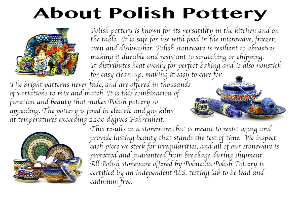 Polmedia Polish Pottery Round Baker with Handles 8.2" x 10" | Blue Poppies Pattern Handmade in Poland - view 7