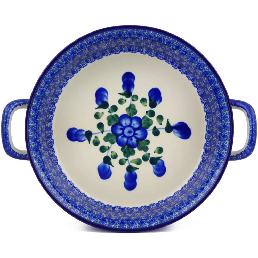 Polmedia Polish Pottery Round Baker with Handles 8.2" x 10" | Blue Poppies Pattern Handmade in Poland - view 2