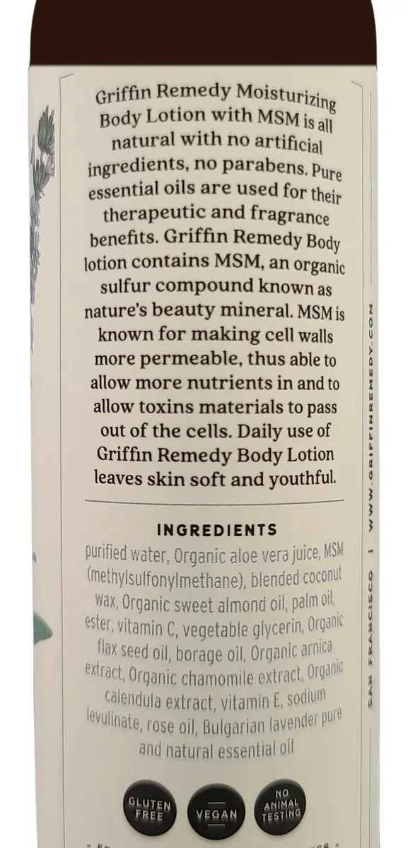 Griffin Remedy Bulgarian Lavender Body Lotion with MSM -8oz | Deep Hydration & Youthful Skin - view 4