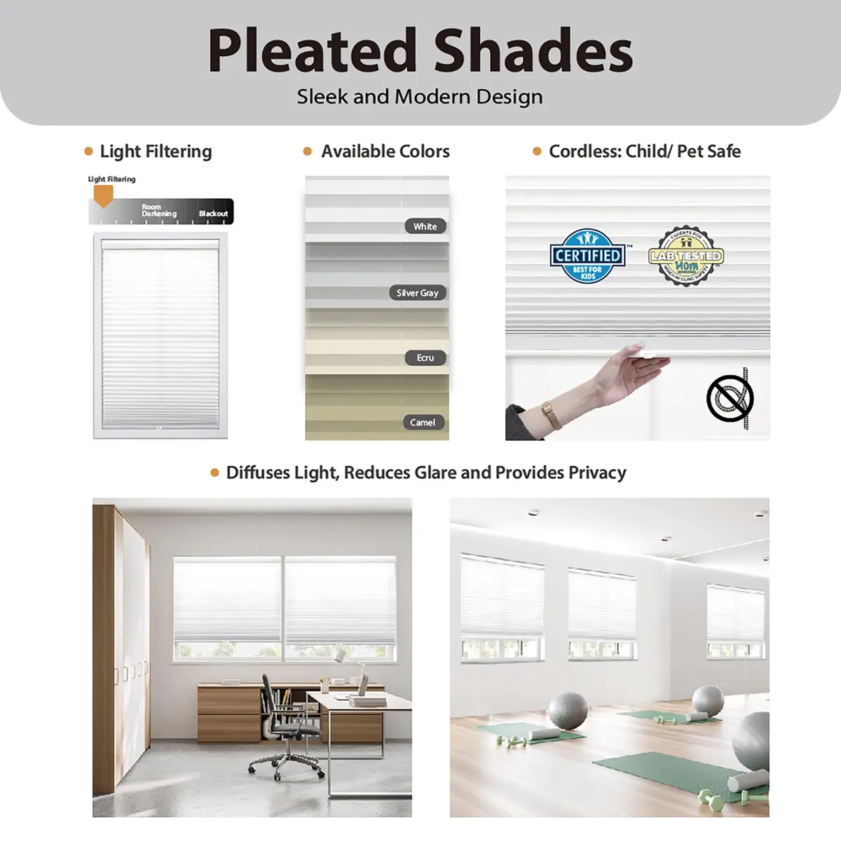 DEZ FURNISHINGS Cordless 1" Light Filtering Pleated Shade, Fabric, 27" W x 64" H - view 2