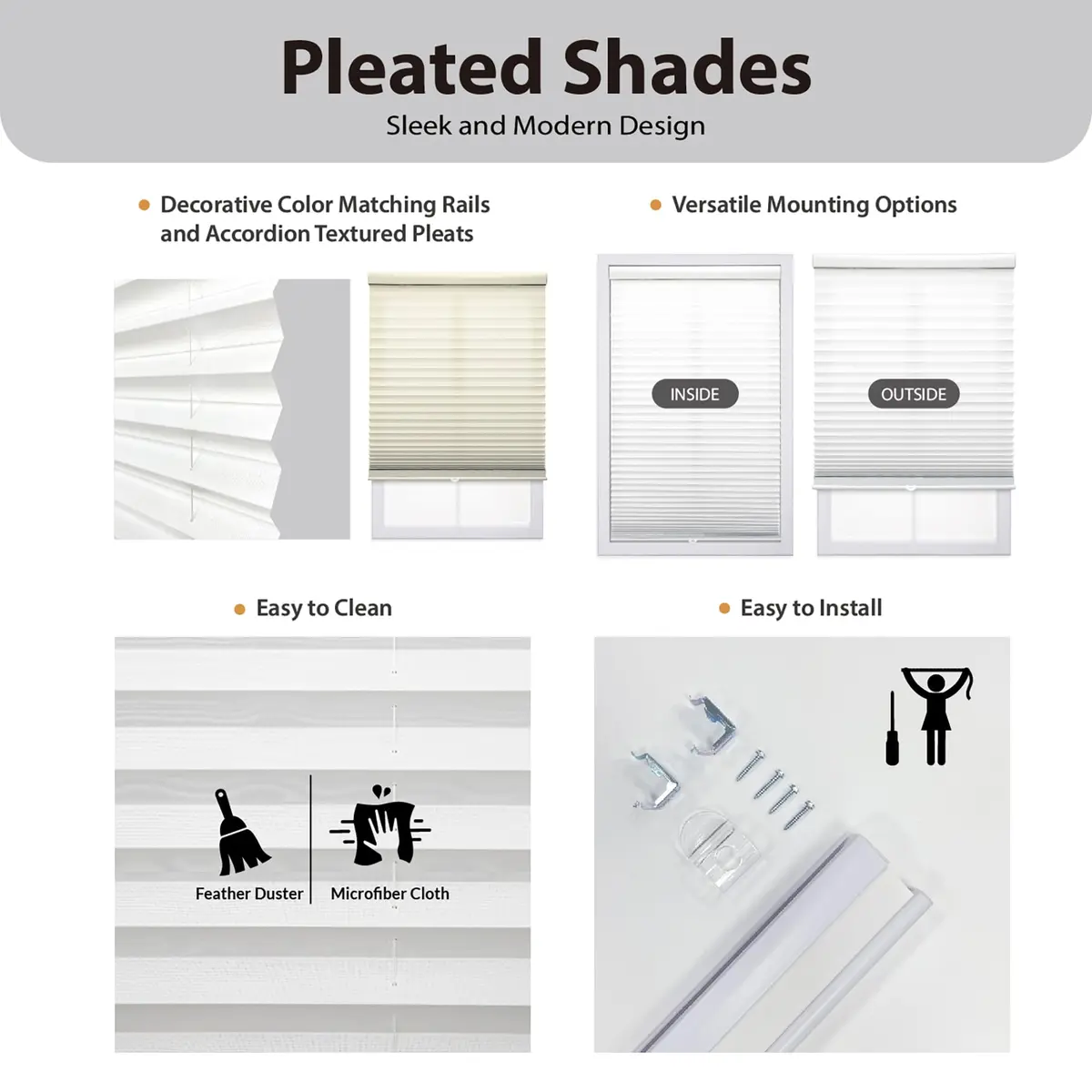 DEZ FURNISHINGS Cordless 1" Light Filtering Pleated Shade, Fabric, 27" W x 64" H - view 3