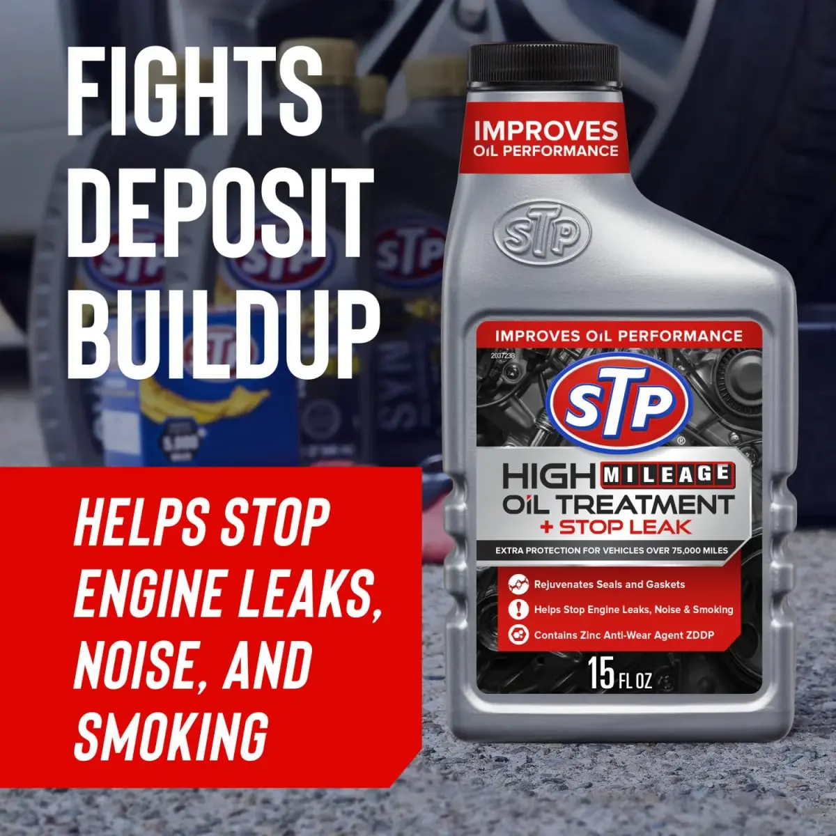 STP High Mileage Oil Treatment + Stop Leak 443ml (15 Fl Oz) | Protects Engines Over 75,000 Miles - view 3