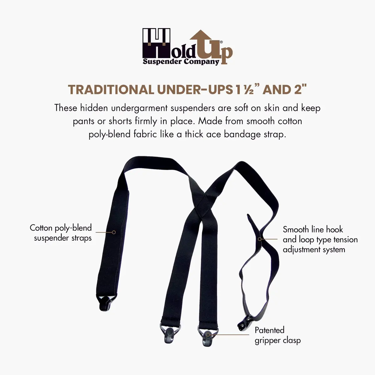 Hold-Up Suspender Co. Under-Ups Suspenders Large Tan 1.5-inch (3.81 cm) Width | Hidden Undergarment Style with No-Buzz Gripper Clasps - view 2