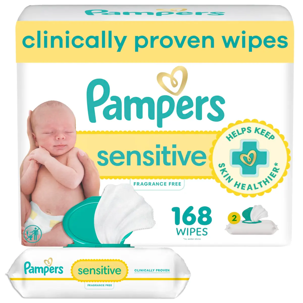 Pampers Sensitive Baby Wipes, Hypoallergenic, Fragrance-Free, 168 Count (3 Packs) | Clinically Proven for Sensitive Skin - main product image