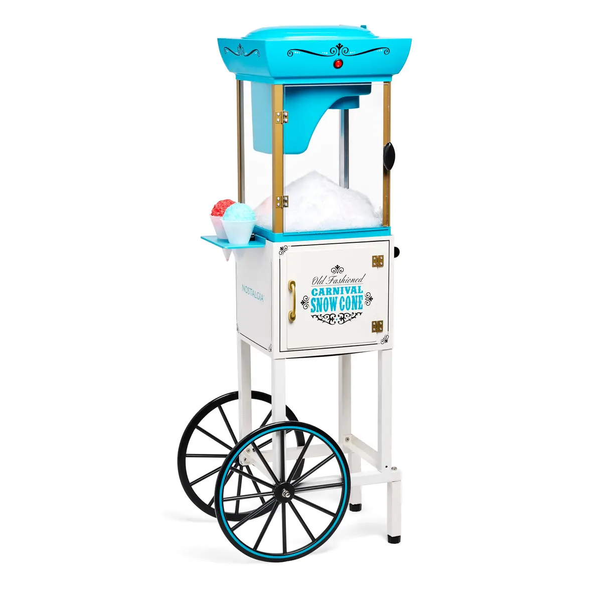 Nostalgia Snow Cone Shaved Ice Machine - 48 Icy Treats, Retro Cart, Stainless Steel Blades, Portable, White/Blue - main product image