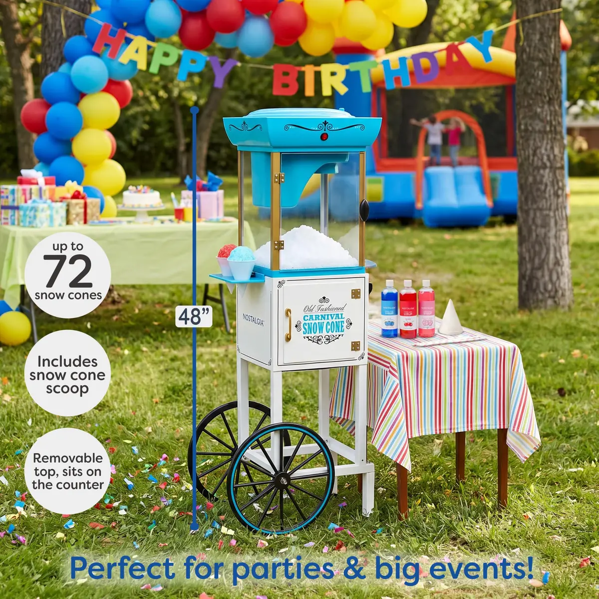 Nostalgia Snow Cone Shaved Ice Machine - 48 Icy Treats, Retro Cart, Stainless Steel Blades, Portable, White/Blue - view 2