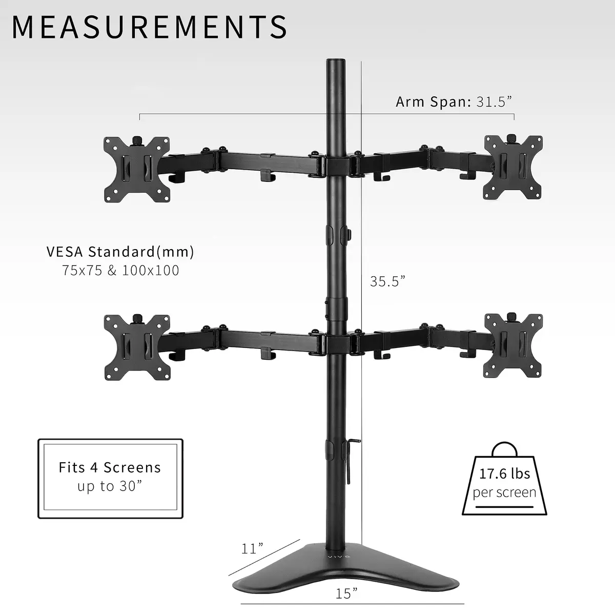 VIVO Quad Monitor Free-Standing Mount 13"-30" Screens | Holds 4 Displays up to 17.6 lbs Each - view 6