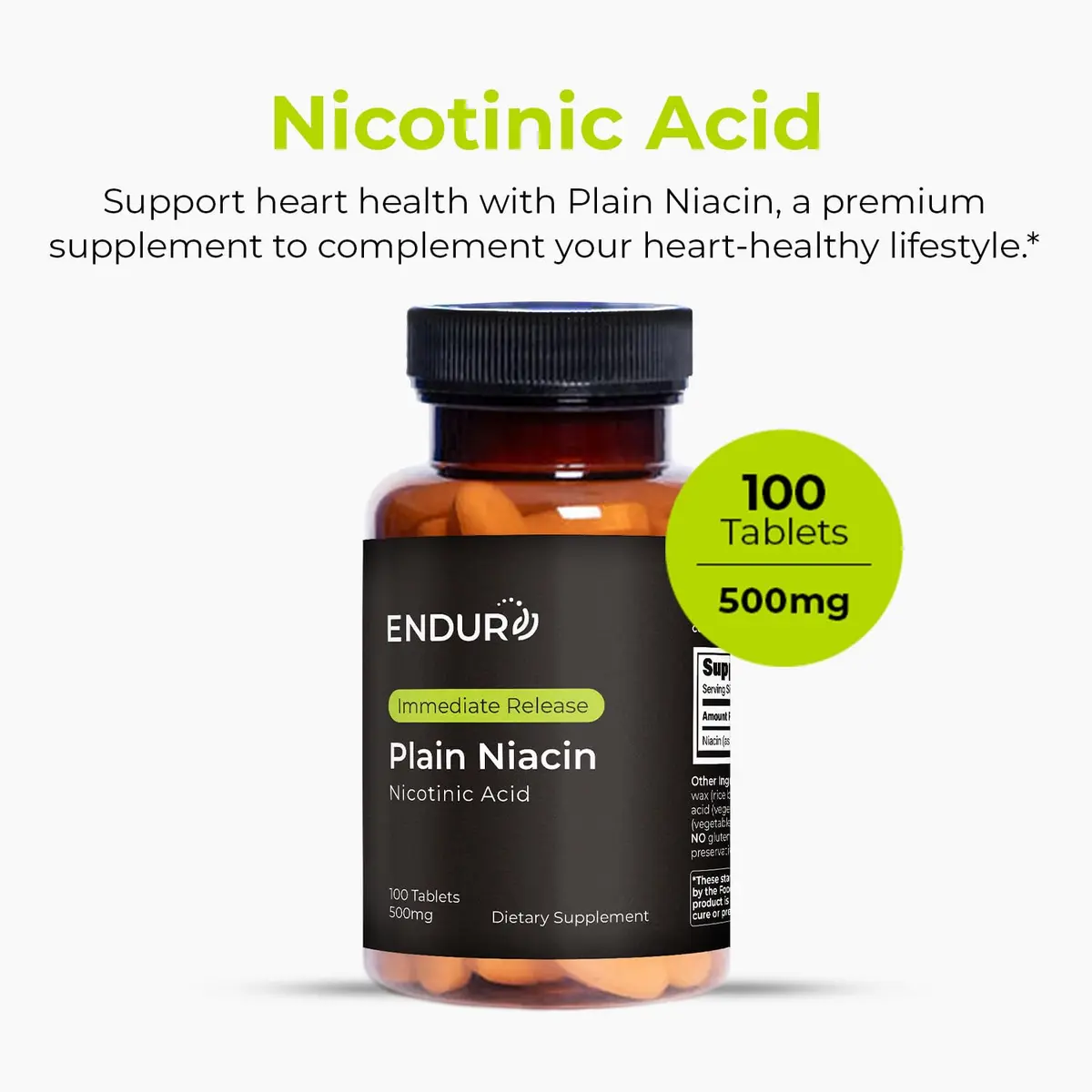 Endurance Products Plain Niacin 500mg | Immediate Release, Heart & Cholesterol Support (115 chars) - view 2