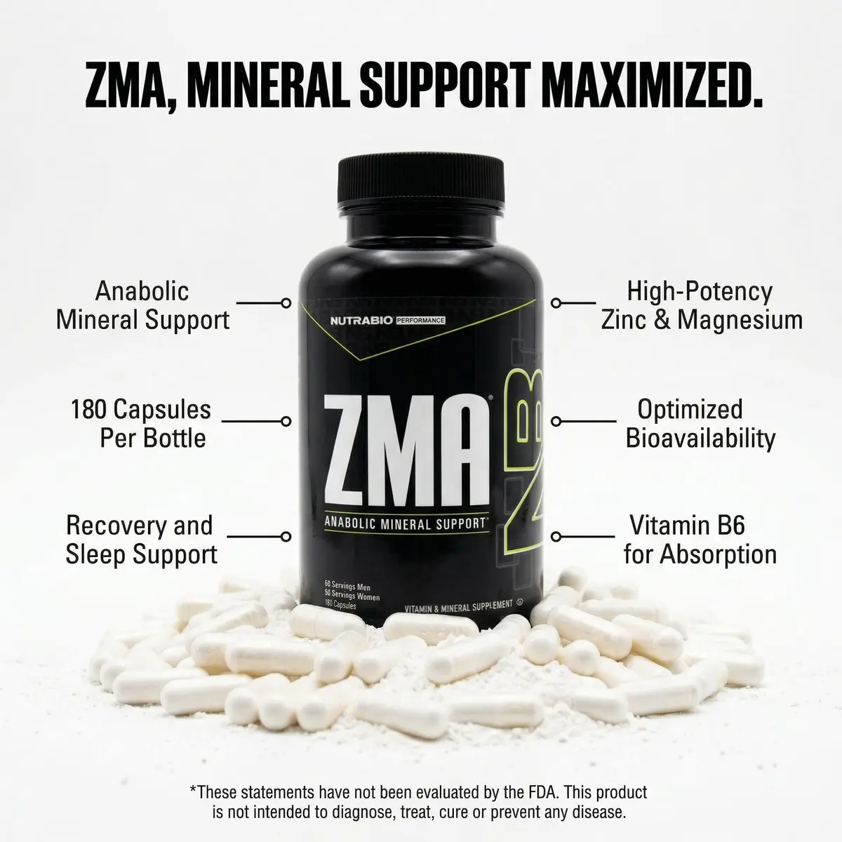 NutraBio ZMA Supplements for Men & Women- Zinc Magnesium Supplements to Support Hormone Levels, Peak Performance, Sleep, Muscle Recovery, Immune Health, 180 Ct. - view 3