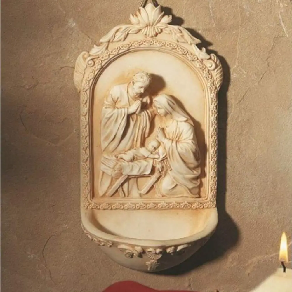AT001 Catholic & Religious Nativity Holy Water Font 6 1/2" Resin | Holy Family Religious Decor - view 2
