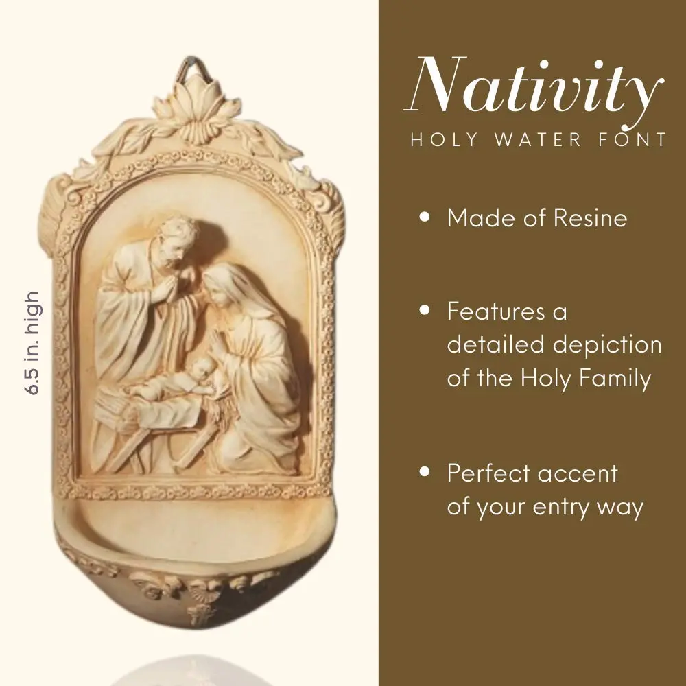 AT001 Catholic & Religious Nativity Holy Water Font 6 1/2" Resin | Holy Family Religious Decor - view 3