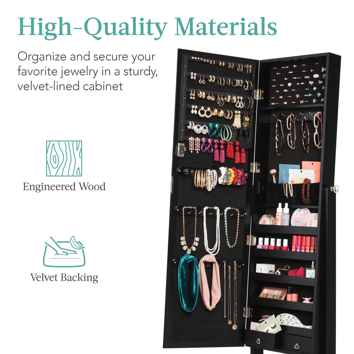 Best Choice Products Jewelry Armoire Full Length Mirror Lockable Velvet Storage (58in) | Elegant & Spacious - view 5