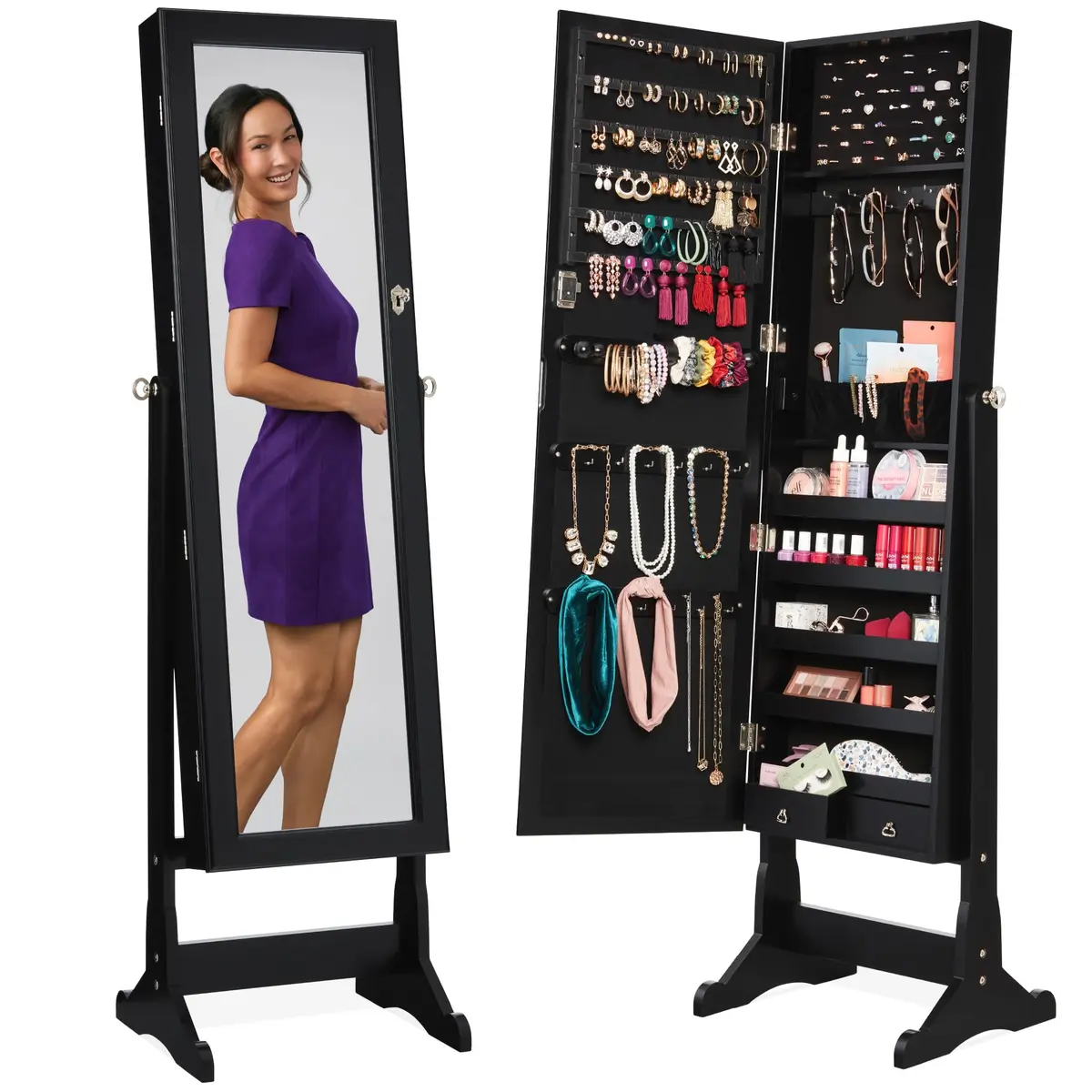Best Choice Products Jewelry Armoire Full Length Mirror Lockable Velvet Storage (58in) | Elegant & Spacious - main product image