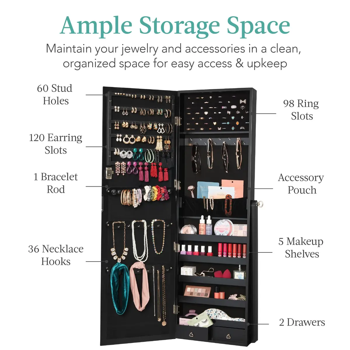 Best Choice Products Jewelry Armoire Full Length Mirror Lockable Velvet Storage (58in) | Elegant & Spacious - view 2