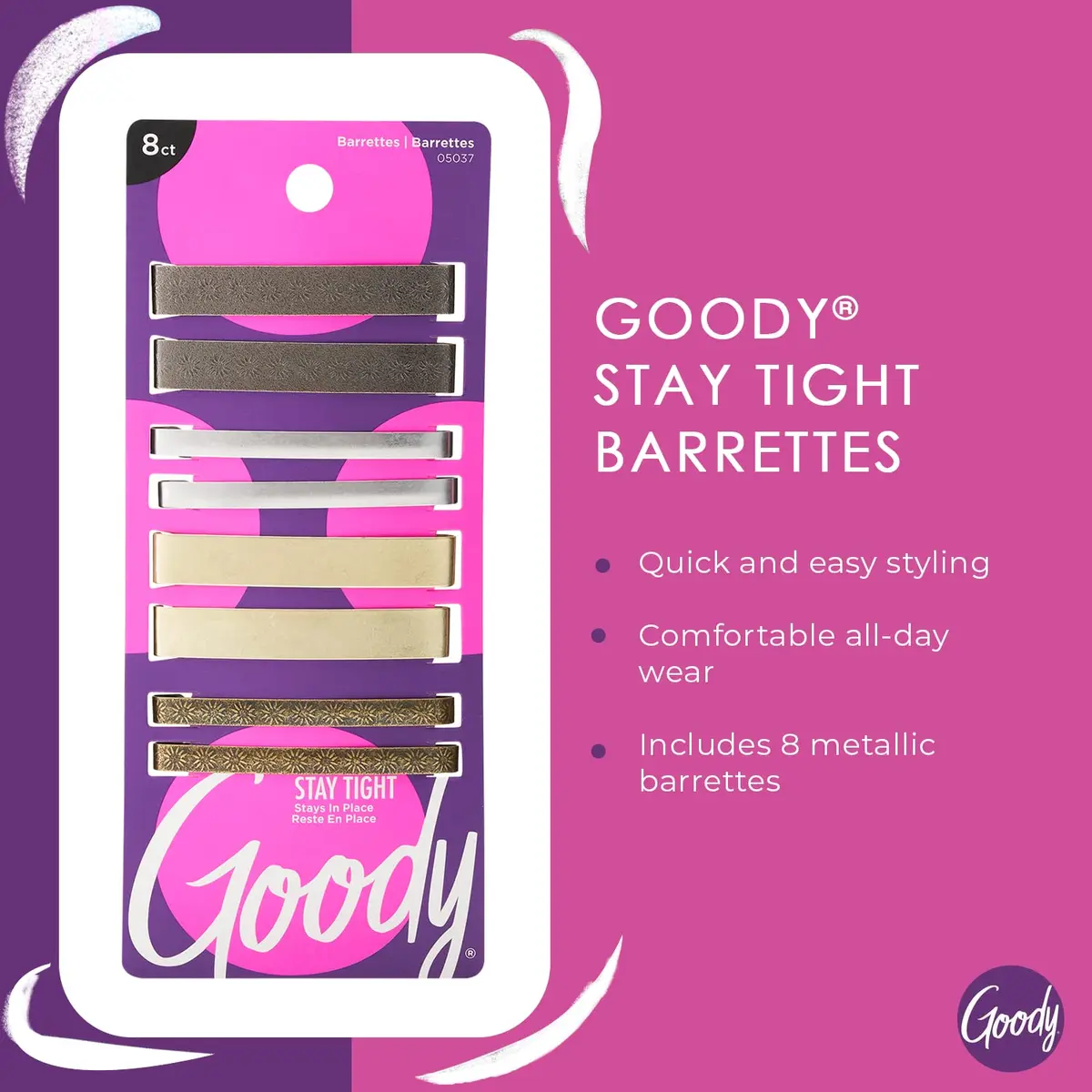 GOODY Stay Tight Hair Barrettes 8 Ct Metallic Non-Slip Clips | All Hair Types, Comfortable & Secure - view 2