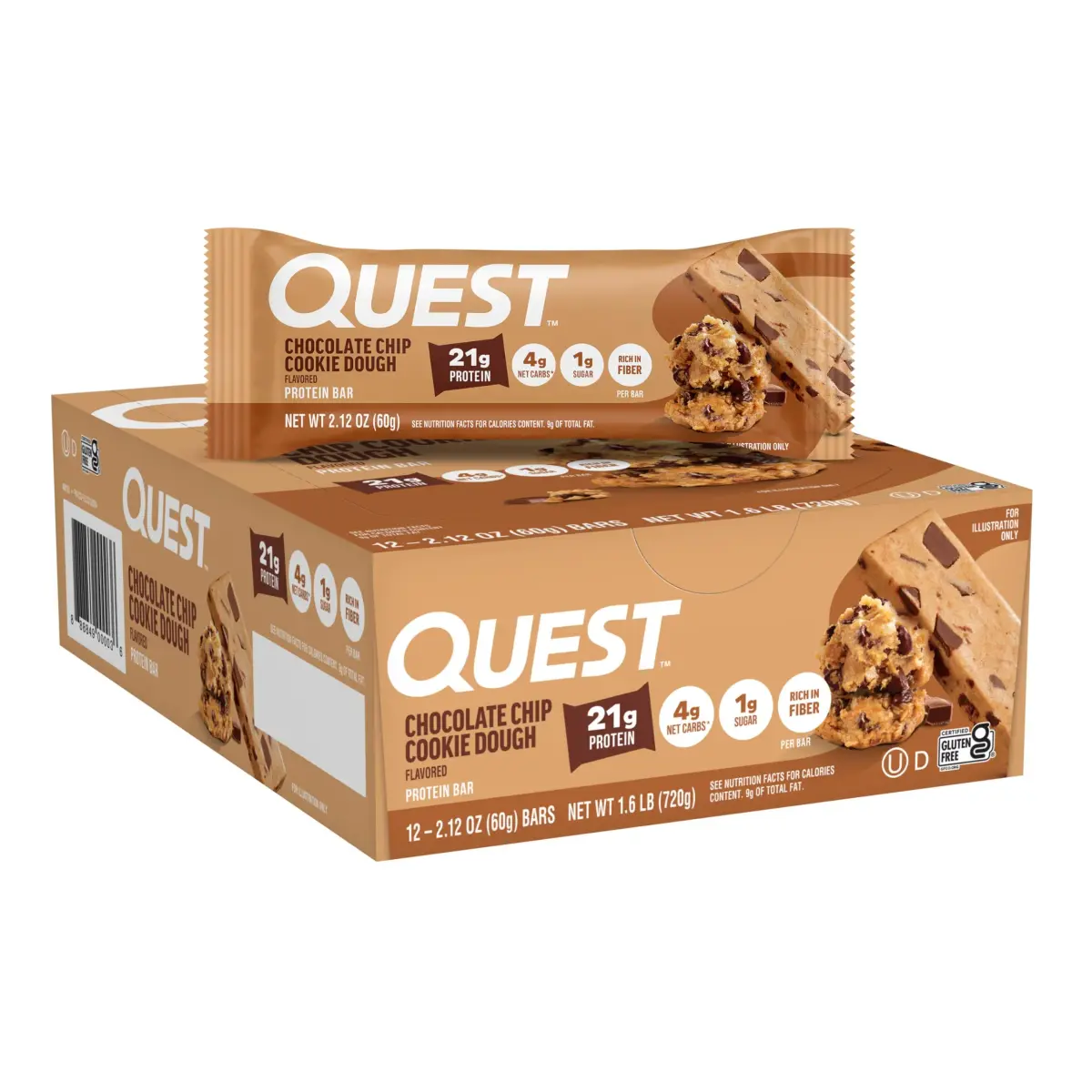 Quest Chocolate Chip Cookie Dough Protein Bars 12 Count | 21g Protein, 12g Fiber, 4g Net Carbs - main product image