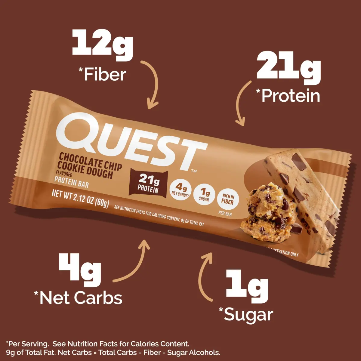 Quest Chocolate Chip Cookie Dough Protein Bars 12 Count | 21g Protein, 12g Fiber, 4g Net Carbs - view 2