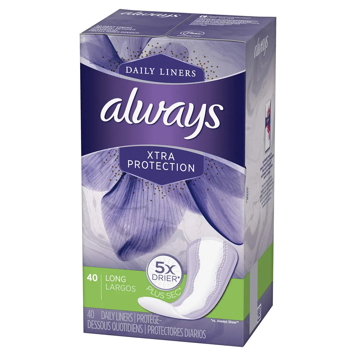 Always Xtra Protection Daily Liners Long Unscented, 40 Count | 5x Drier Protection - main product image