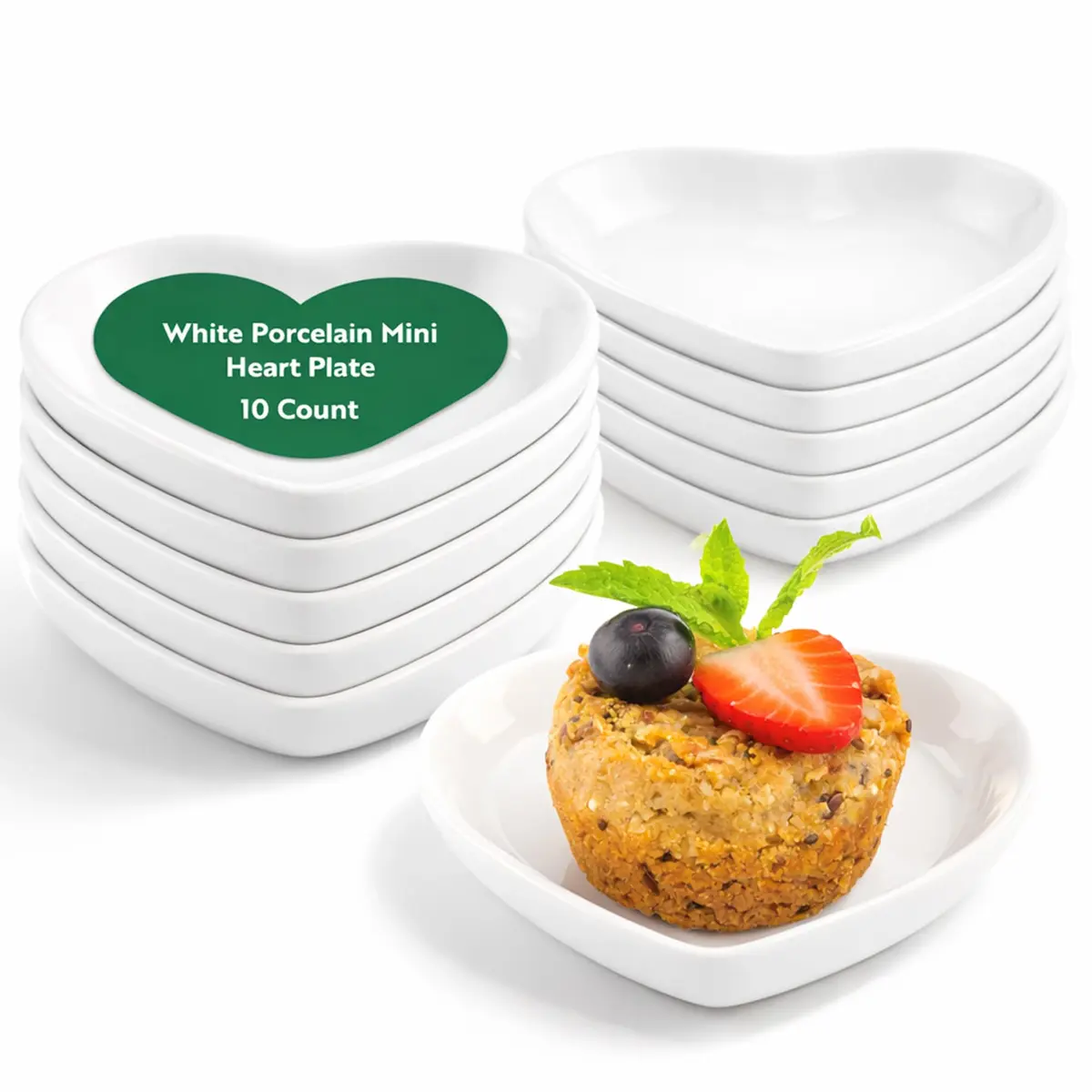 Restaurantware Porcelain Heart Mini Plates, 10 Reusable Dishwasher Safe Plates, 1 oz, Microwavable, Oven-Ready, White, Ideal for Weddings, Appetizer Dessert Plates | Elegant Romantic Serving - main product image