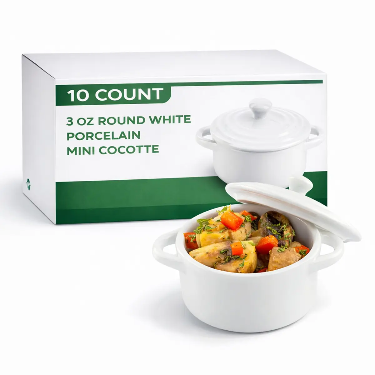 Restaurantware 3 Ounce Mini Cocotte White Porcelain Oven-Safe Set of 10 | Perfect for Baking & Serving - main product image