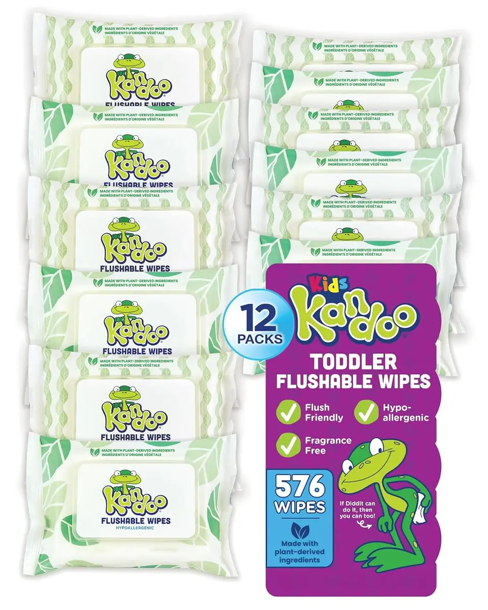 Kandoo Flushable Baby Wipes for Sensitive Skin, Unscented, Hypoallergenic Potty Training Cleansing Cloths, 576 Count (12 Packs of 48) | Plant-Based & USDA Certified Biobased - main product image