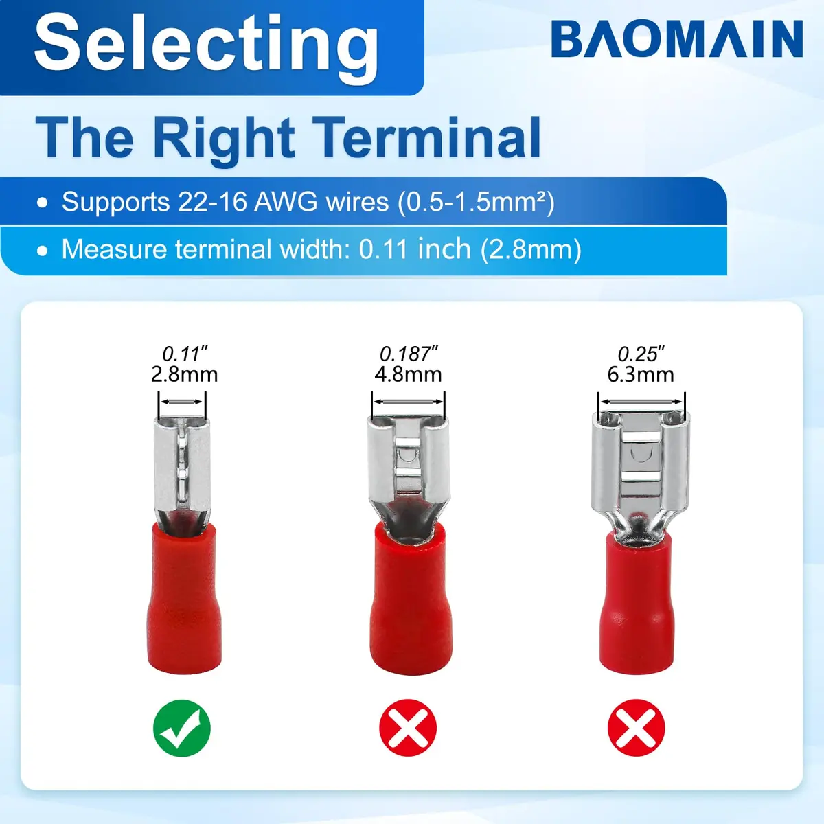 Baomain Female Spade Terminals 0.11" | Insulated, 22-16 AWG, 200-Pack for Automotive & DIY (100-120 chars) - view 4